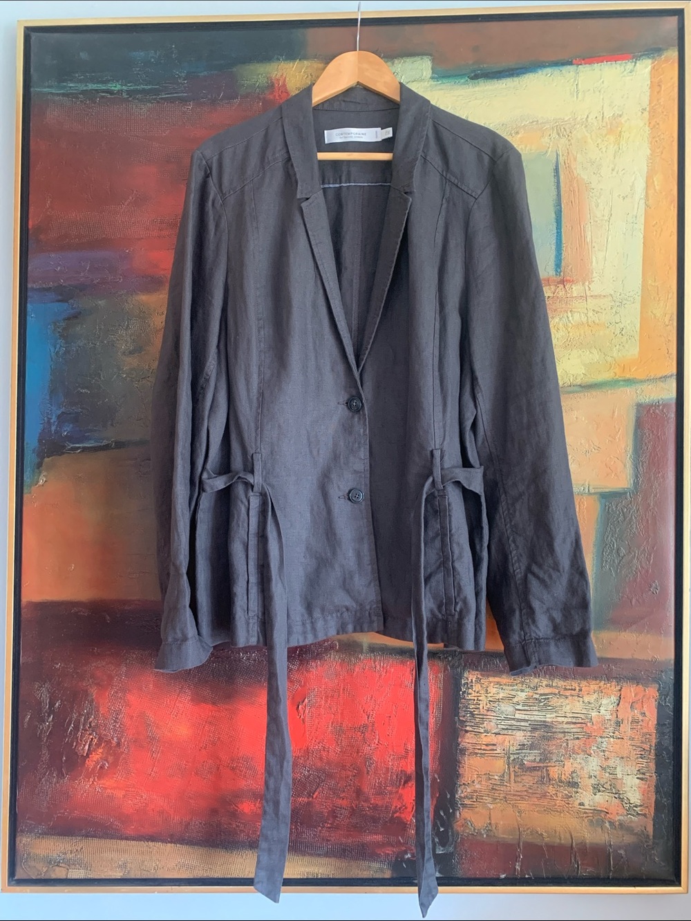 Charcoal Grey 100% Linen Belted Blazer Jacket, Sz XXL